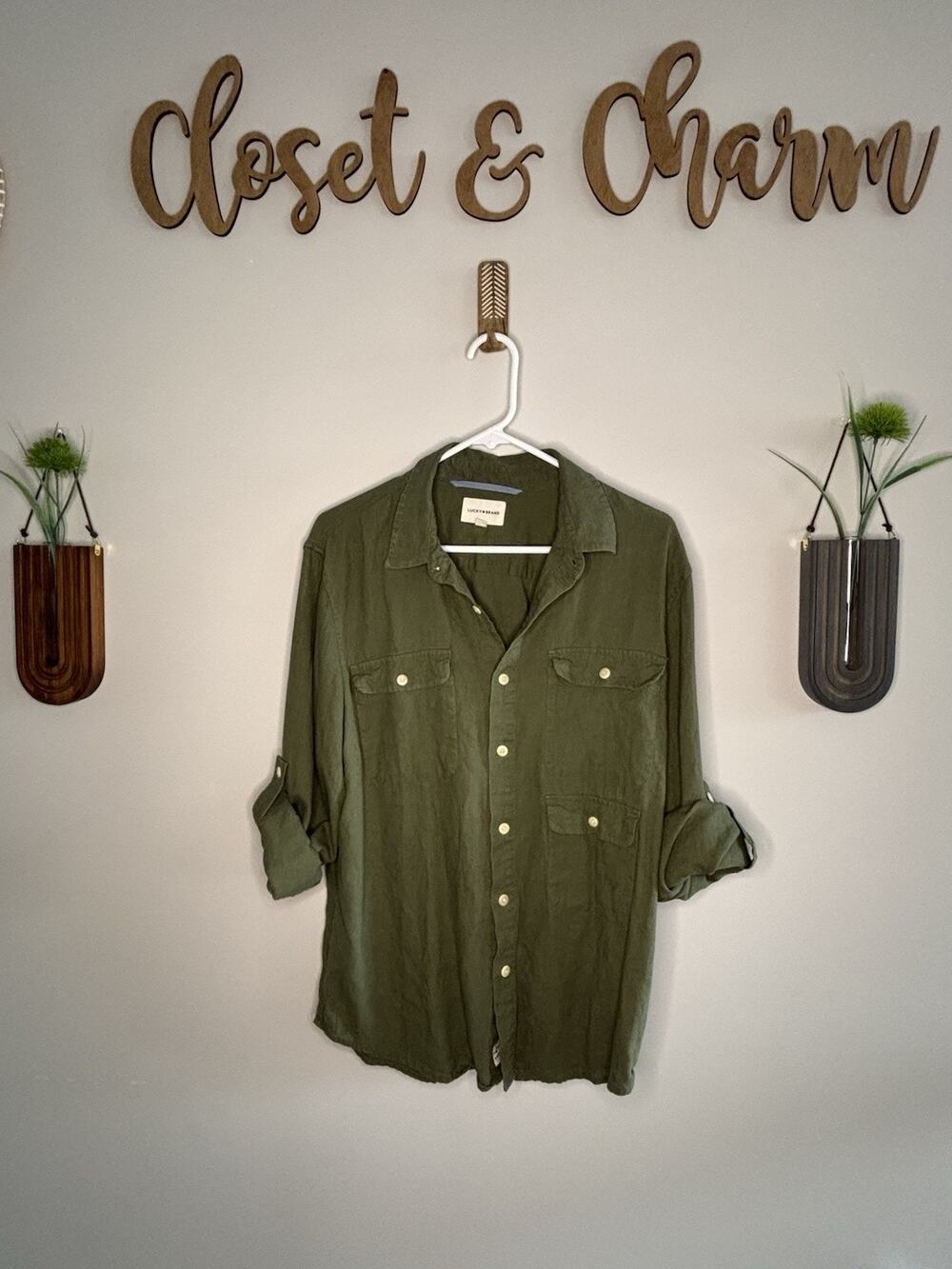 Lucky Brand Men's Button Down LS Military/Utility Shirt Size Med Olive Green